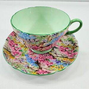 Shelley Rock Garden Chintz Fine Bone China Teacup Cup & Saucer, Green Inside Vtg